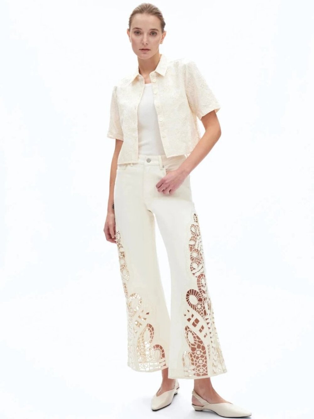 NWT Bayeas Lace Jeans Sz 24 High Rise Wide Leg Ivory Cream Boho Festival